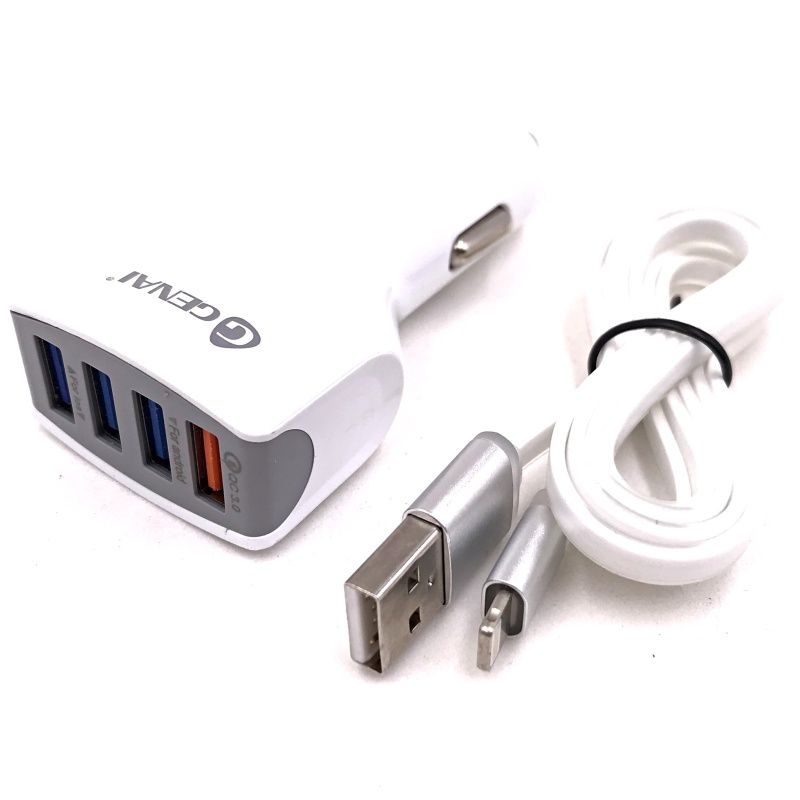 Kit Carregador Veicular Genai 4 Usb Turbo + Cabo Usb Lightning - CC-5106 - Branco