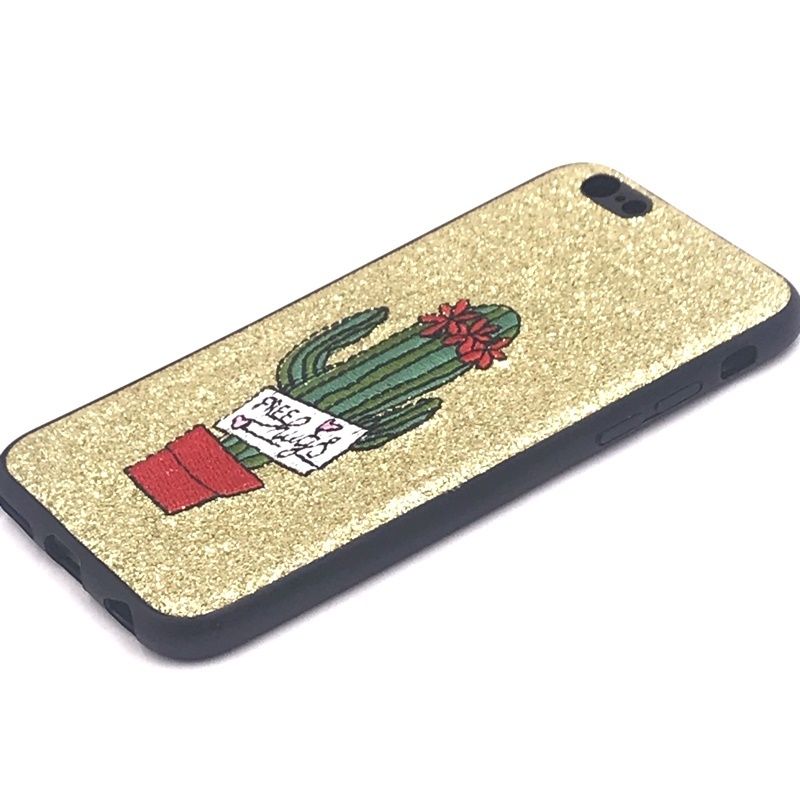 Capa Glitter Desenhos Bordado - Cacto Dourado para IPhone 6/6S