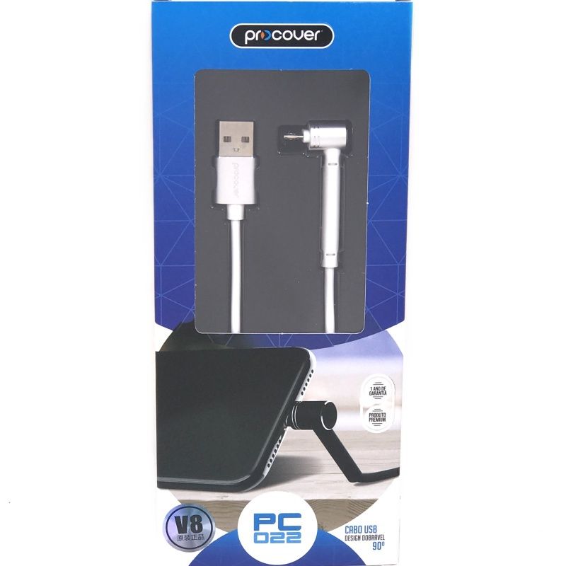 Cabo de Dados Usb com Plugue L Procover PC-022 - Para Usb Micro Usb/V8 - Prata