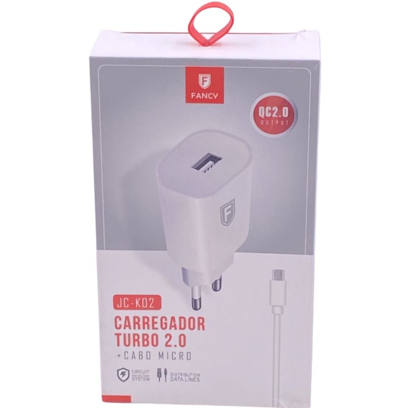 Kit Carregador de Parede Universal Usb Turbo + Cabo Usb Micro Usb(V8) Fancy JC-K02 - Branco