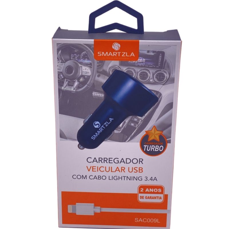 Kit Carregador Veicular Turbo Smartzla SAC009L 2 Usb / 1 Usb C + Cabo Usb Lightning (IPhone)