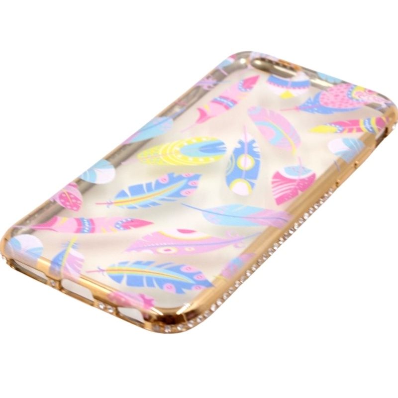 Capa Netcase Metálica com Strass Flexível - Penas Coloridas Dourado p/ IPhone 6/6s