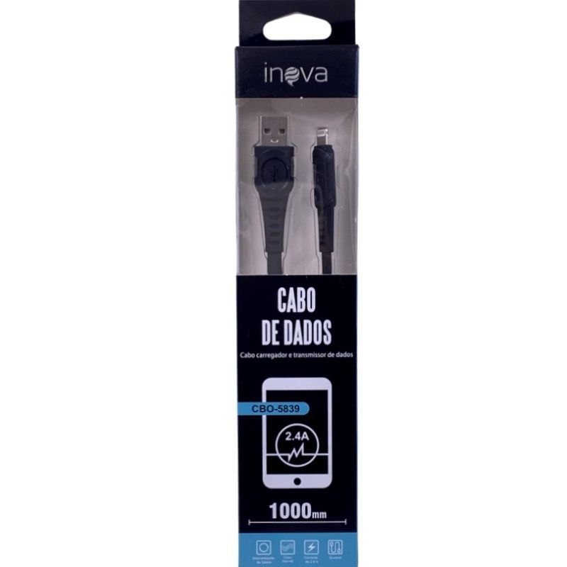 Cabo de Dados Flexível Usb Lightning Inova CBO-5839 - para IPhone/IPad/IPod - Preto