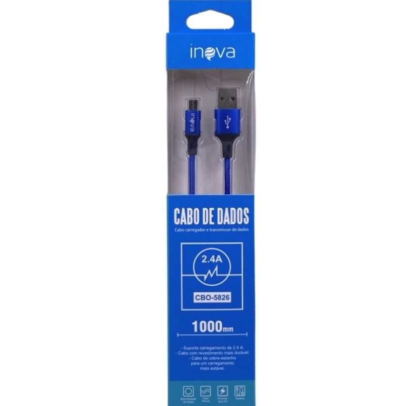 Cabo de Dados Usb Inova CBO-5826 - Tipo Nylon - Para Usb Micro Usb/V8 - Azul