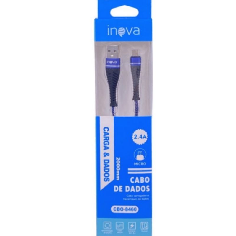 Cabo de Dados Nylon Usb Inova CBO-8460 - 2 Metros - Para Usb Micro Usb/V8 - Azul c/ Branco