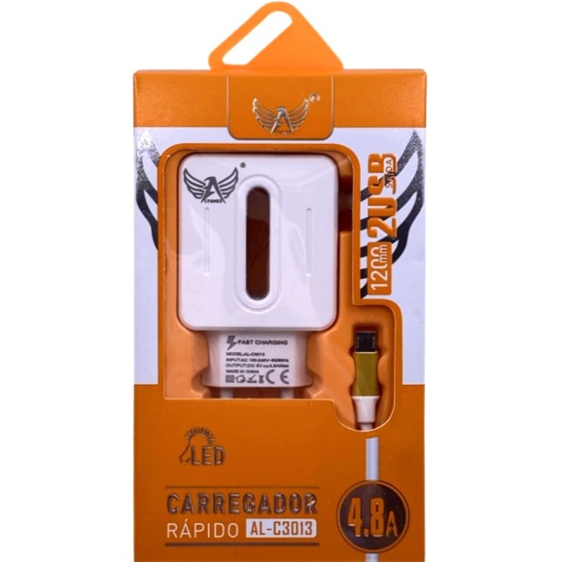 Kit Carregador de Parede Universal Dual Altomex Led AL-C3013 + Cabo Micro Usb/V8 - Dourado