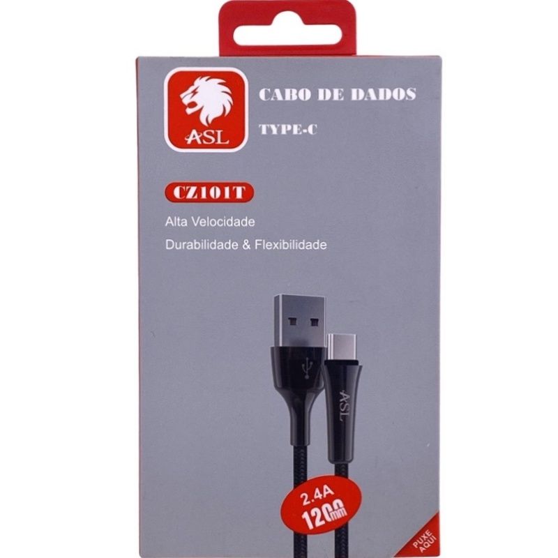 Cabo de Dados Usb ASL CZ101T - Tipo Nylon Trançado - Para Usb Type C - Preto