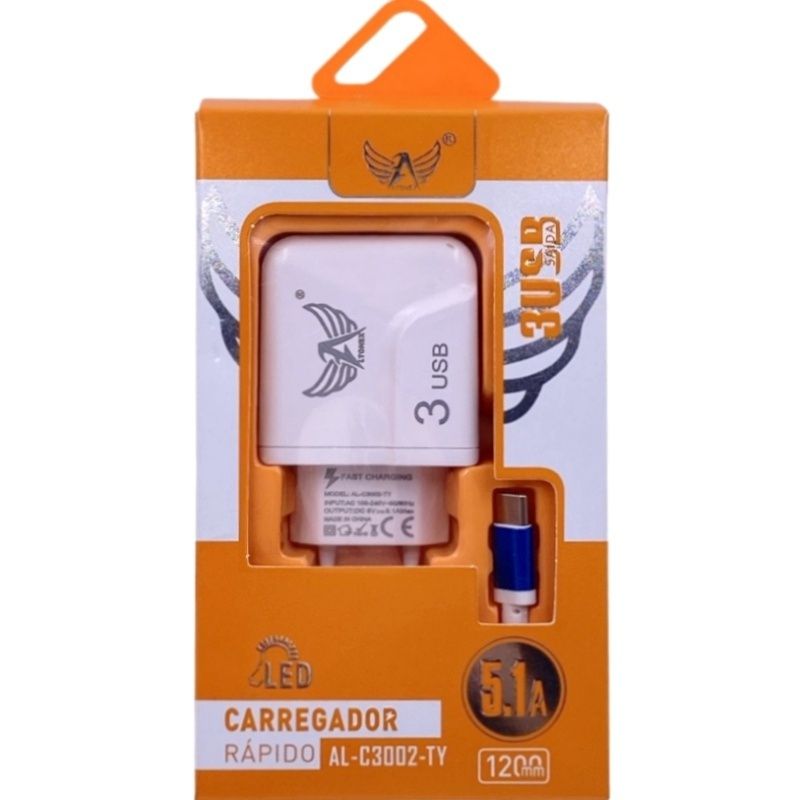 Kit Carregador de Parede Universal 3 Usb Altomex Led AL-C3002 + Cabo Usb Type C - Azul Royal