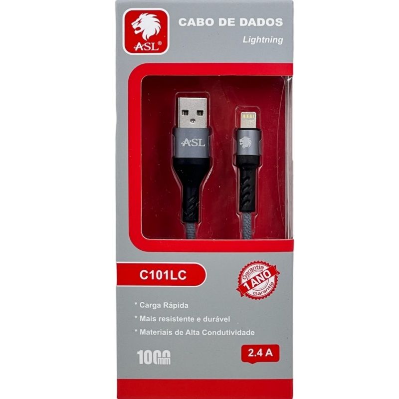 Cabo de Dados Usb Lightning ASL C101LC - Tipo Malha Trançada - Para IPhone/IPad/IPod - Grafite